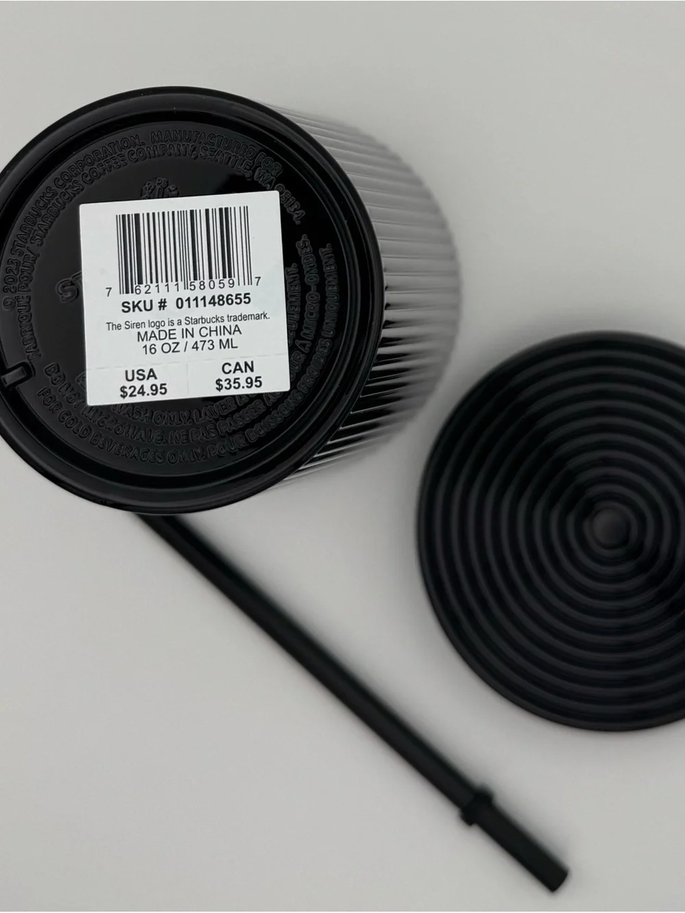 NEW Starbucks Black Ribbed Pleated 16 oz Cold Cup Tumbler w/ Lid & Straw
